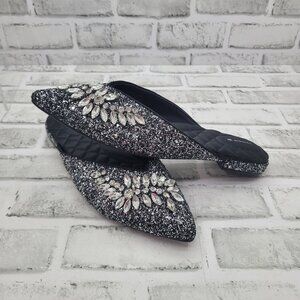 NWOB Birdies The Swan Jeweled Gunmetal Black Slip On Mules Size 9.5